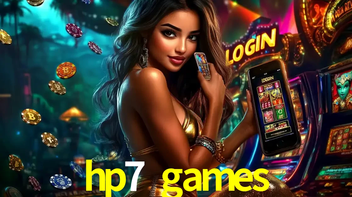 Mulher em um cenário de cassino temático de aventura, mostrando o app de caça-níqueis da hp7 games no celular. Fichas de apostas flutuam ao redor.