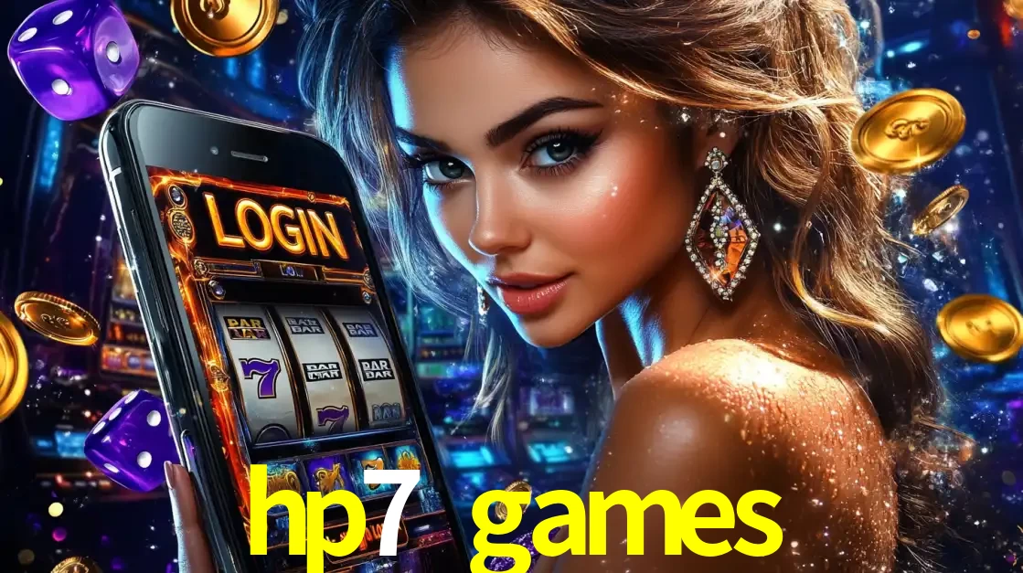Mulher glamorosa segurando um smartphone com a tela de login para os jogos de caça-níqueis do cassino online hp7 games, com moedas de ouro e dados ao redor.